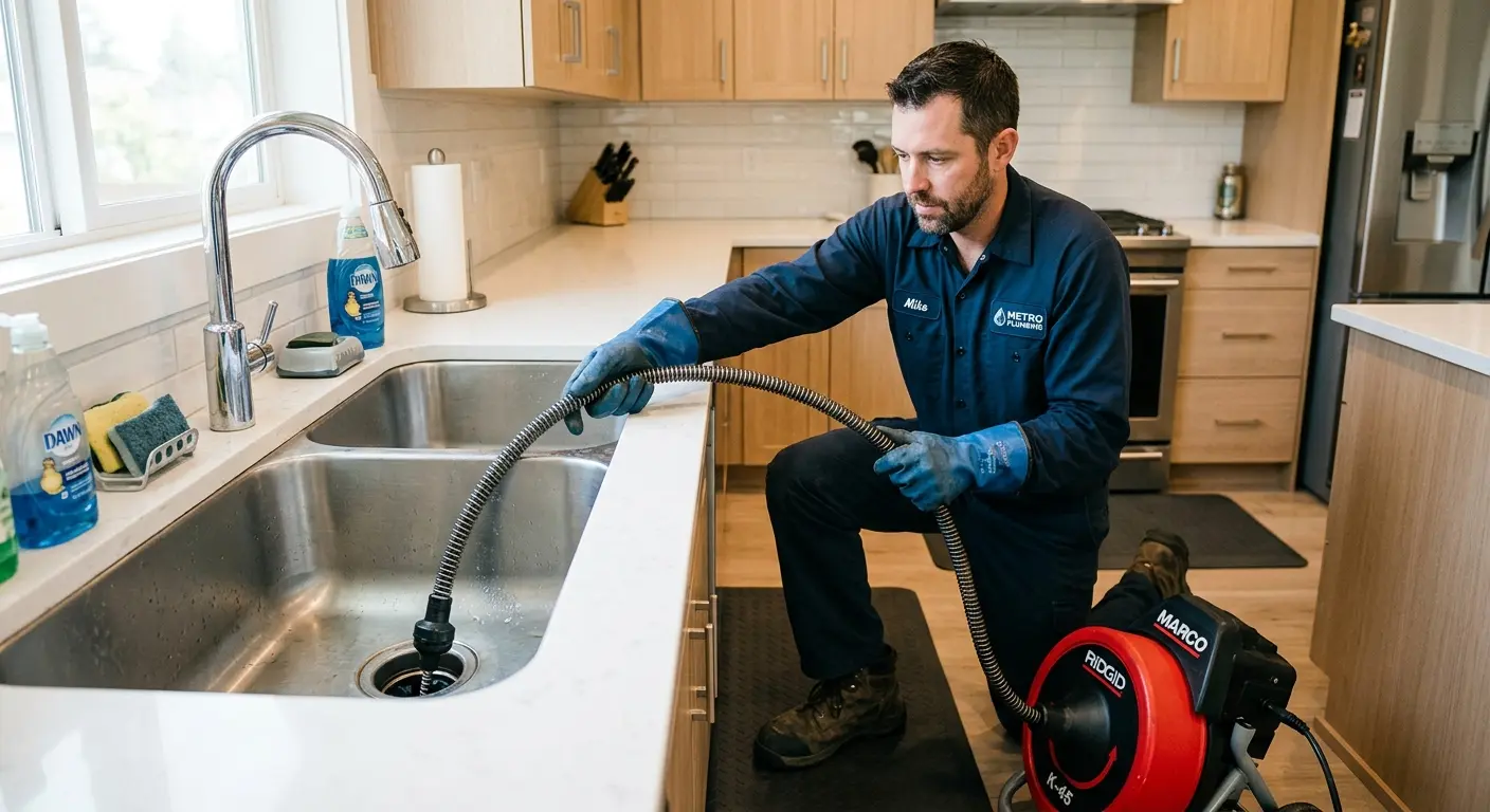 Drain cleaning technician using a motorized snake on a kitchen sink in Homestead Meadows South