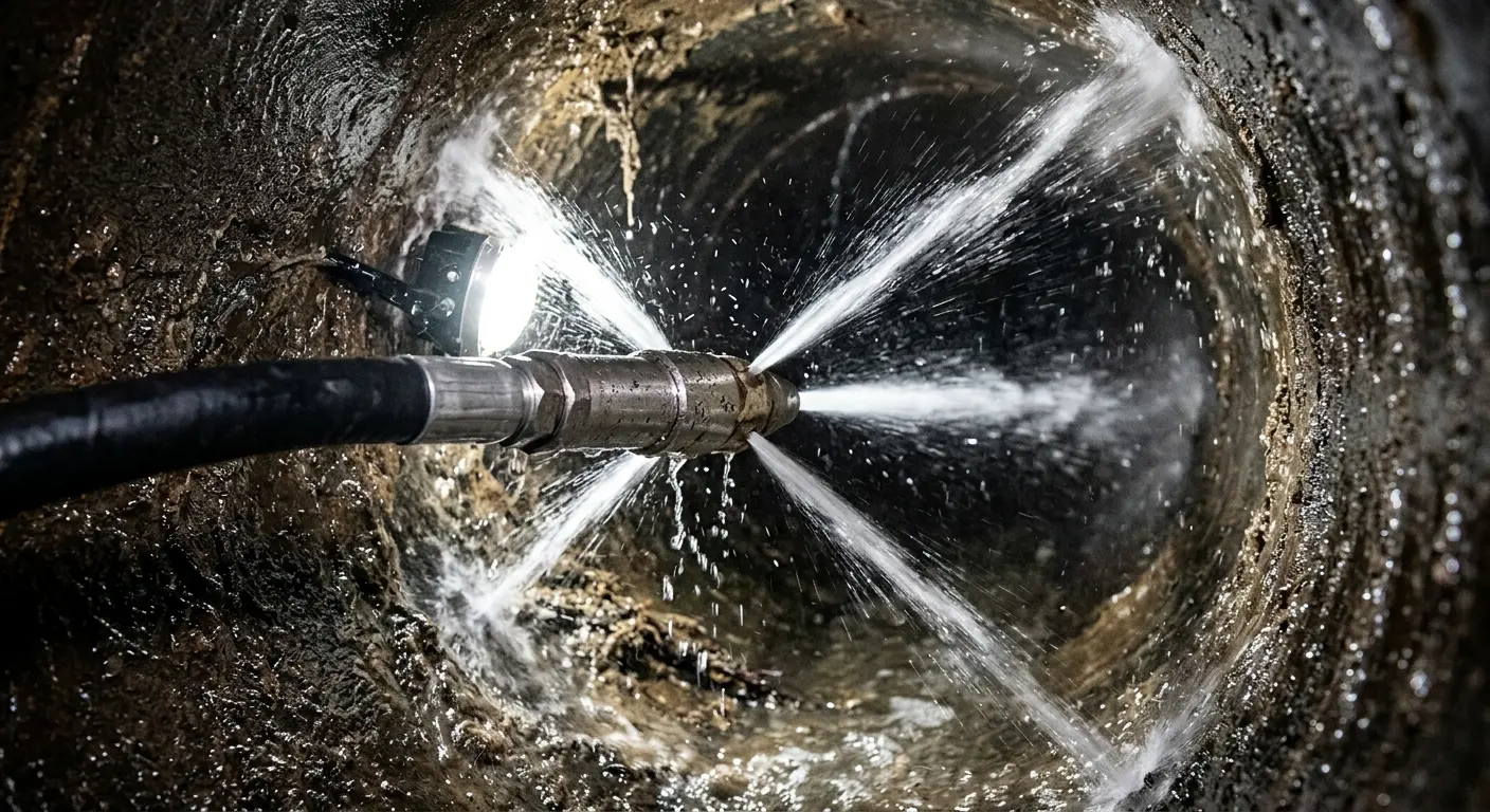 High-pressure hydro jetting nozzle cleaning sewer pipe for Sewer Cleanout in Homestead Meadows South