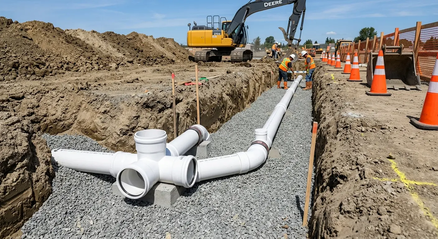 New PVC sewer pipe installation in open trench for Commercial Drain Cleaning in Homestead Meadows South