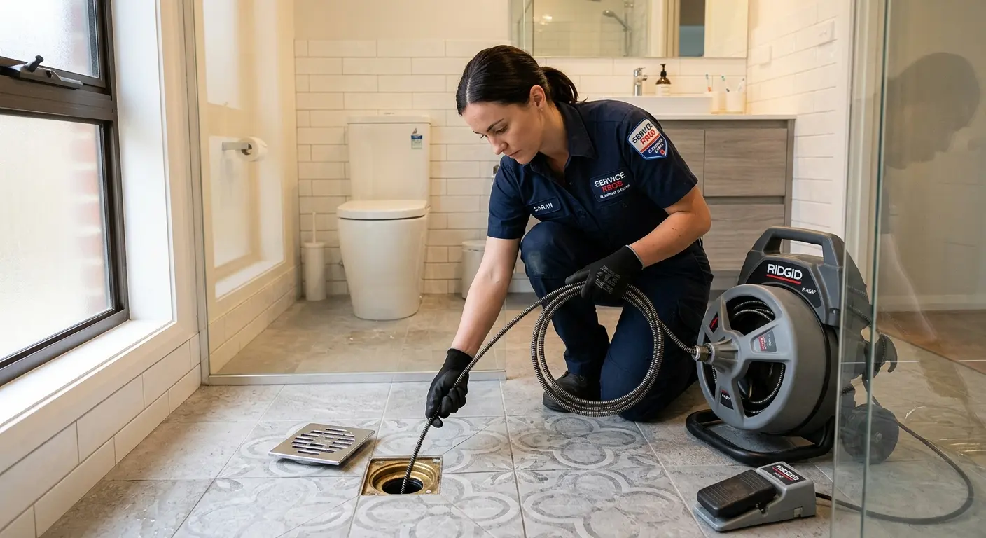 Technician clearing a bathroom floor drain for Hydro Jetting in Homestead Meadows South